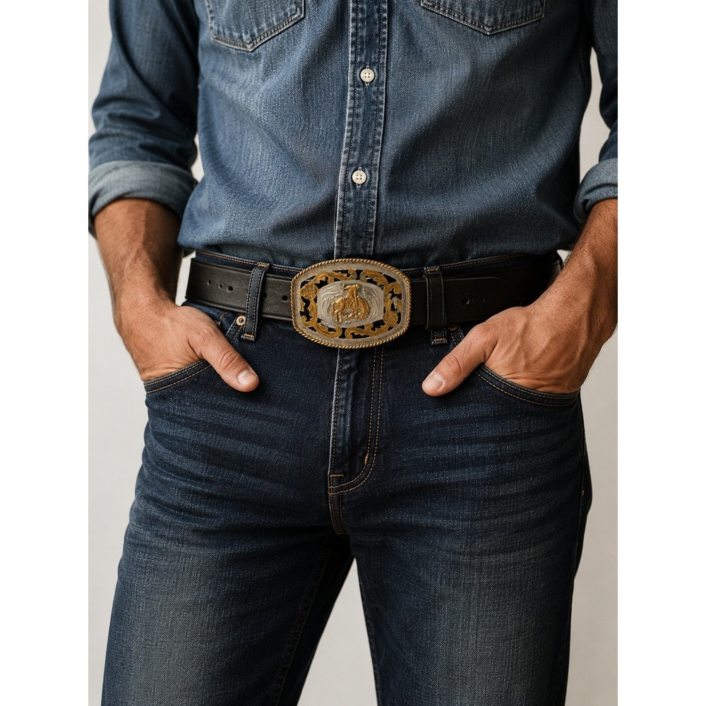 Alpaca Mexico Bronco Buckle Leather Belt Mens 42 Black Western Cowboy Rodeo
